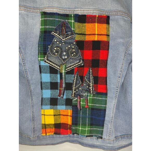 Social Standard Custom Denim Jean Jacket Women's Size XXL Patchwork Plaid Folk - Picture 4 of 10